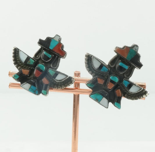 Zuni Sterling Silver Multicolor Kachina Inlay Eagle Dancer Screwback Earrings