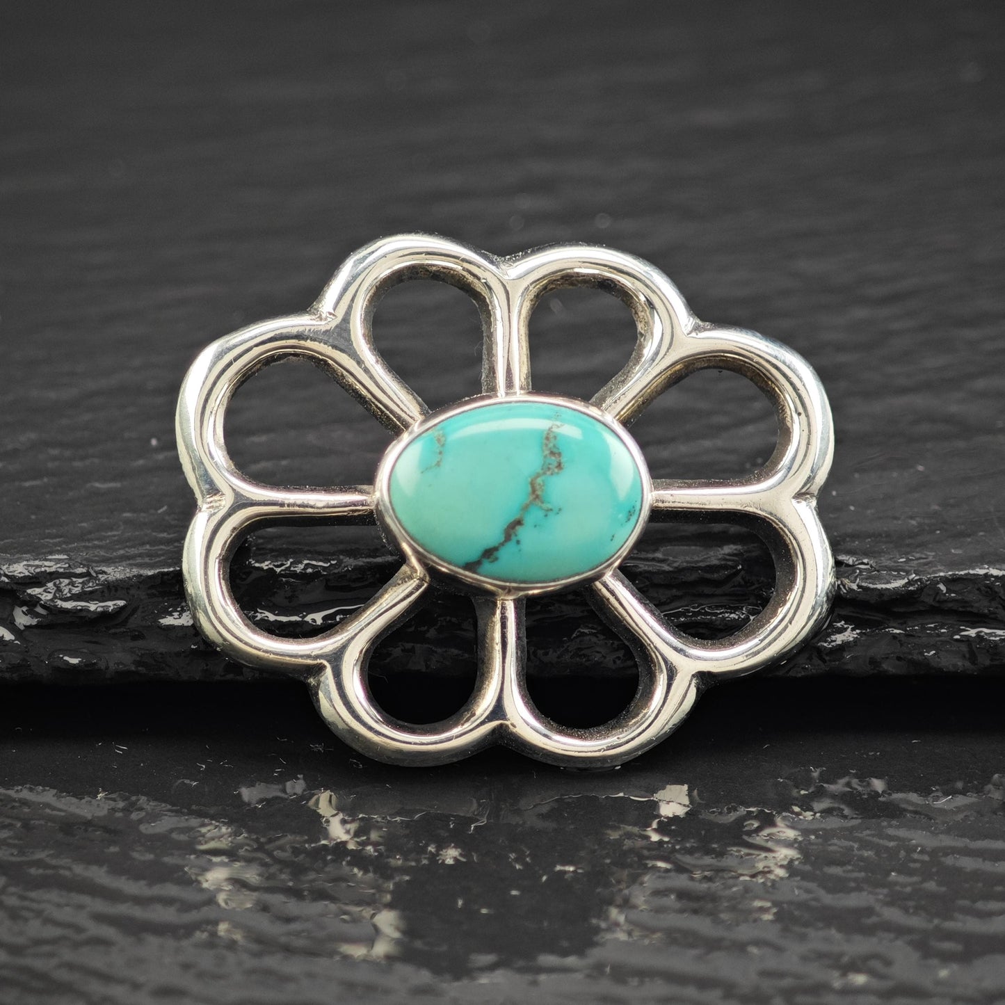 Southwest Sandcast, Blue Turquoise Brooch Sterling Silver