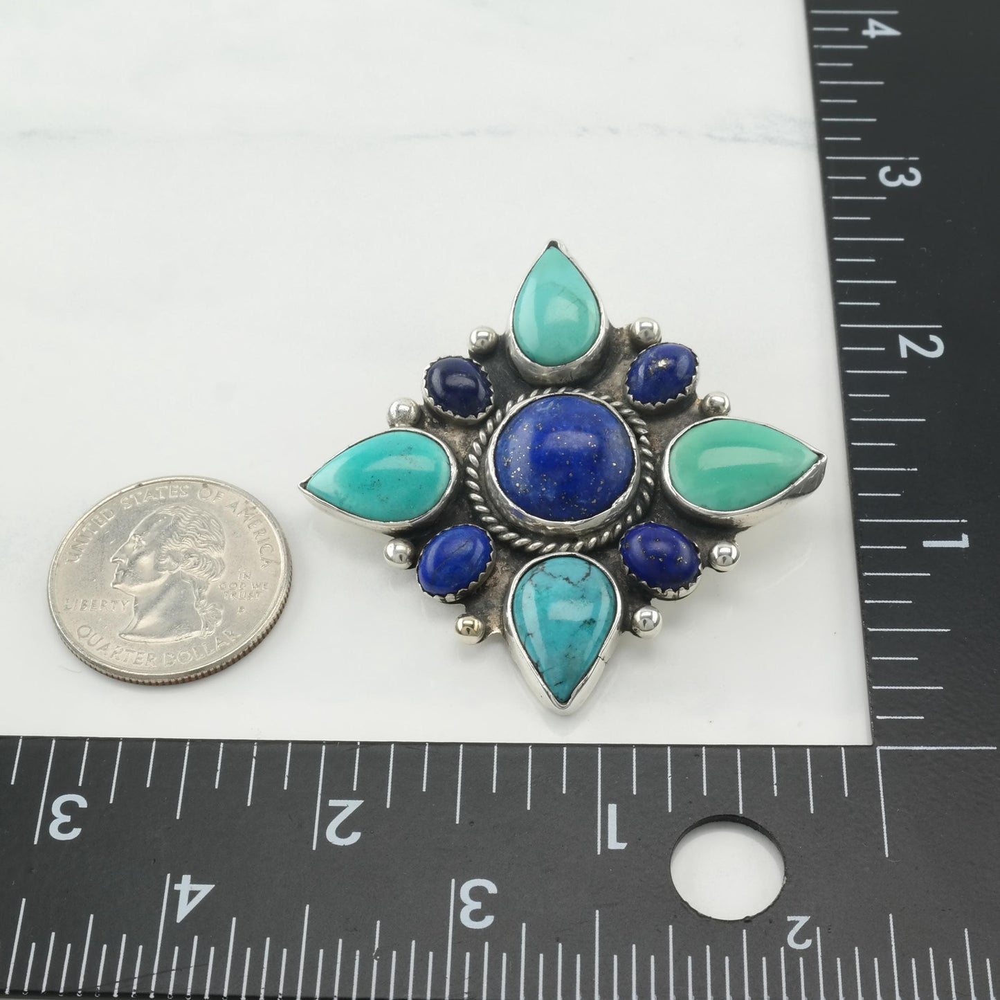 Southwest Blue Turquoise & Lapis Brooch Sterling Silver