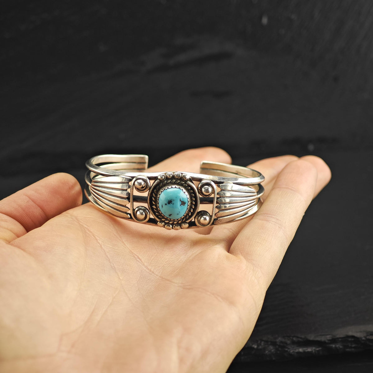 Vintage Navajo, Turquoise Detailed Sterling Silver Cuff Sz 6" BR3132