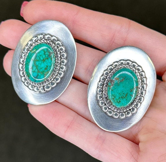 Vintage Navajo Sterling Silver and Turquoise Shield Earrings Tom Charley