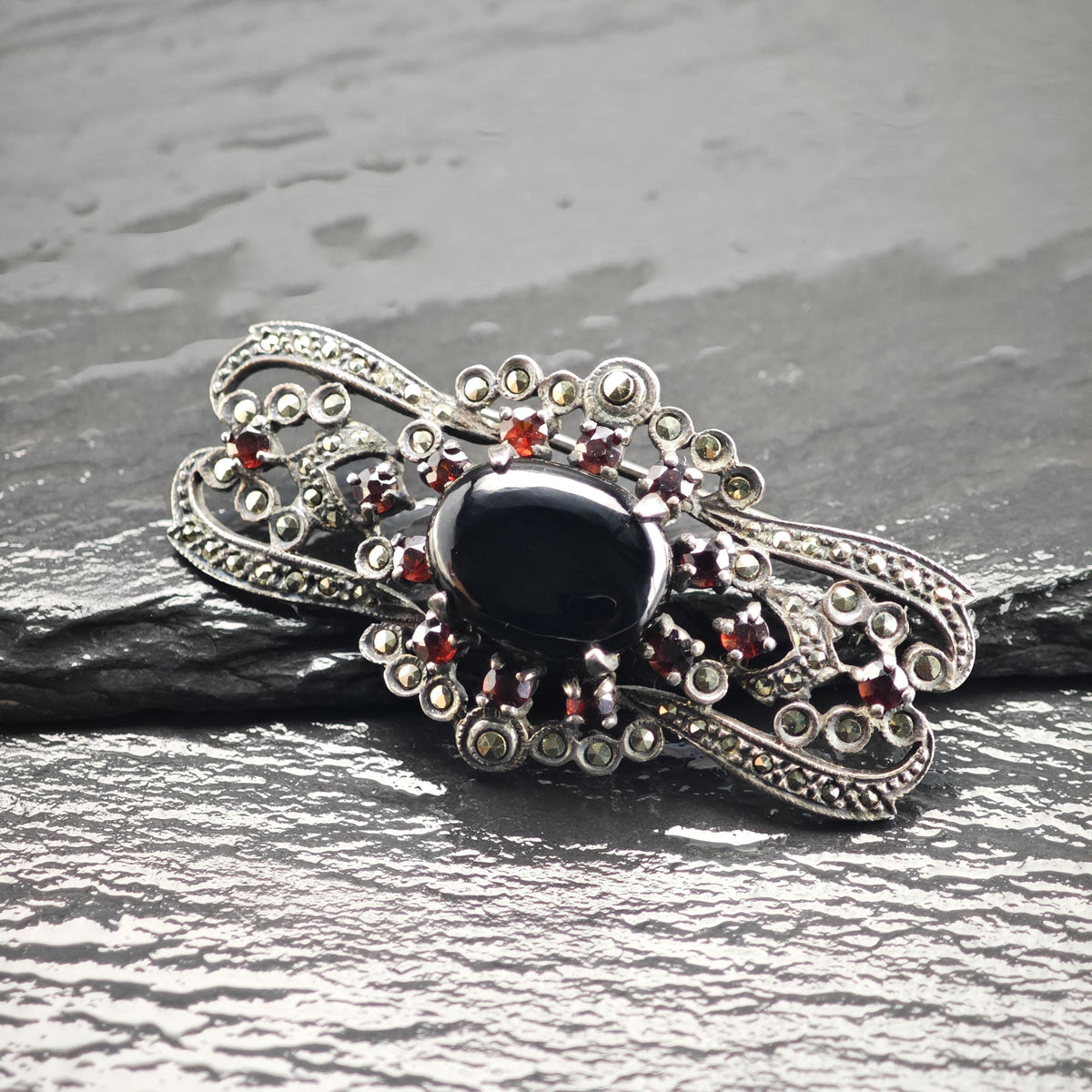 Art Deco Onyx, Garnet Sterling Silver Brooch B2270