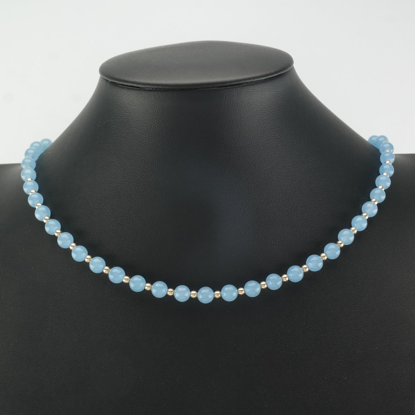 Blue Dyed Quartz, 6mm Bead, 14K Gold Necklace Sterling Silver