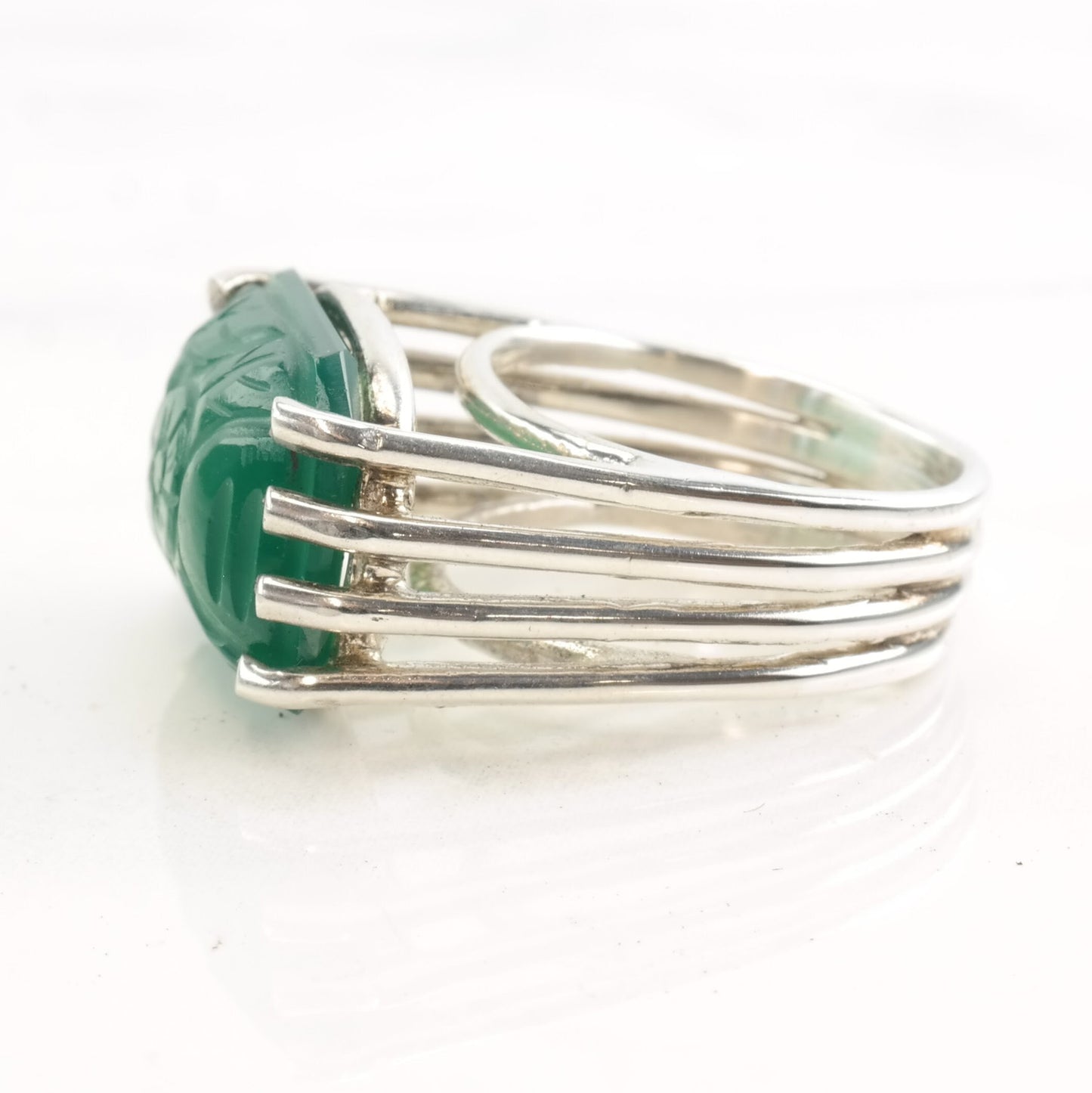 Silver Ring Chrysoprase Floral Carved Size 7