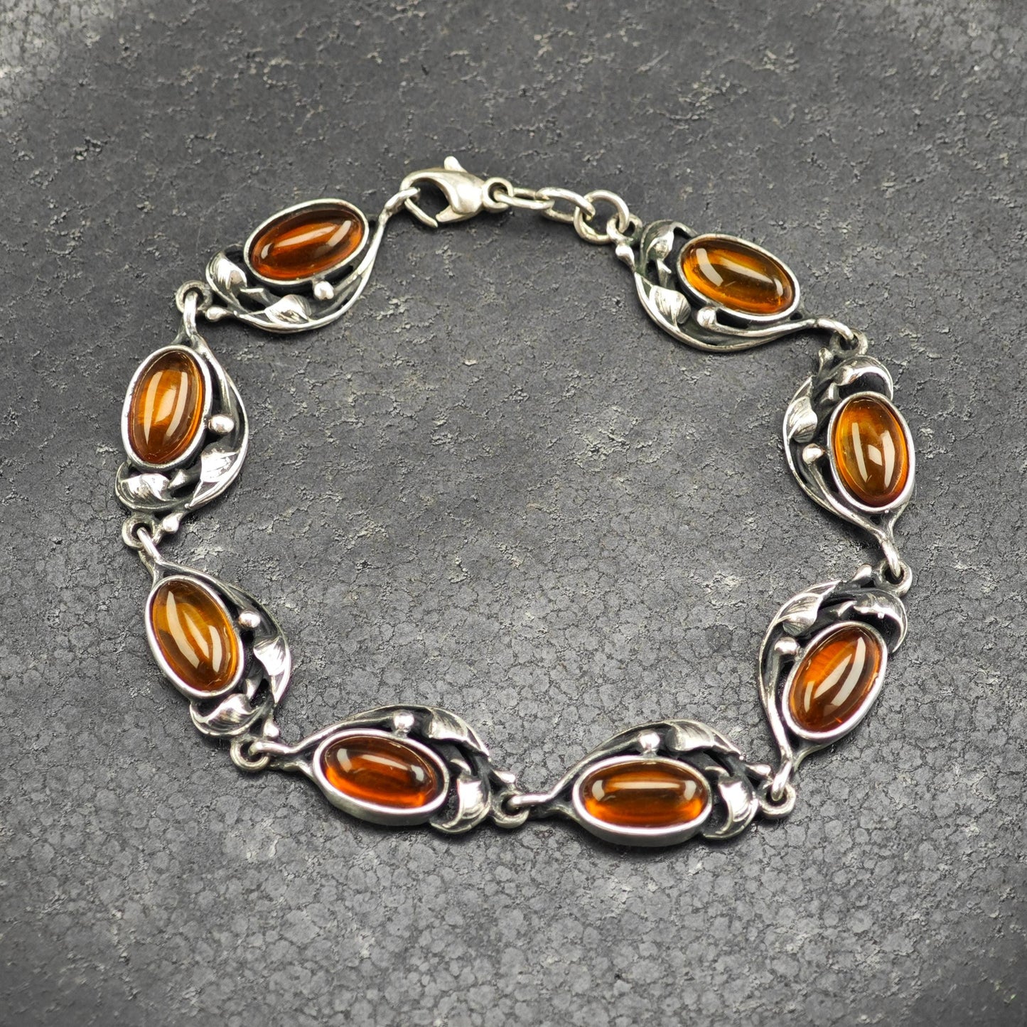 Art Nouveau Style Amber Link Bracelet Sterling Silver