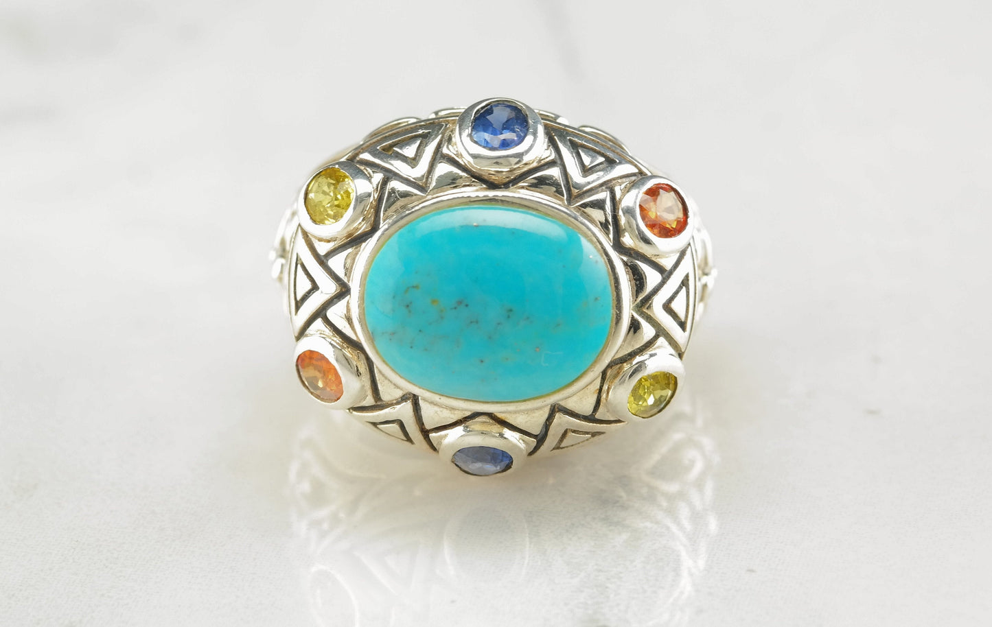 Statement Sterling Silver Ring Size 8 Blue, Yellow, Orange Turquoise Natural Sapphires