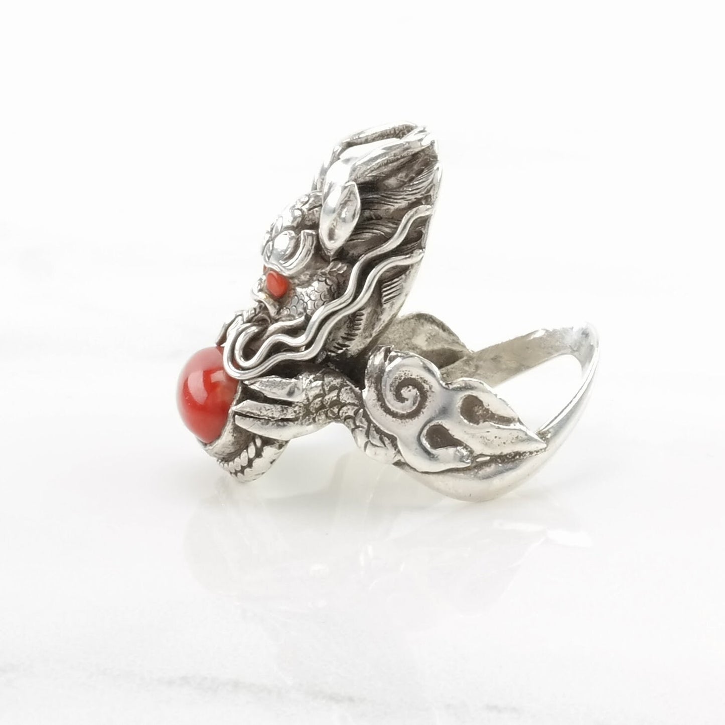 Chinese Export Silver Ring Coral Dragon Sterling Red Size 6 3/4