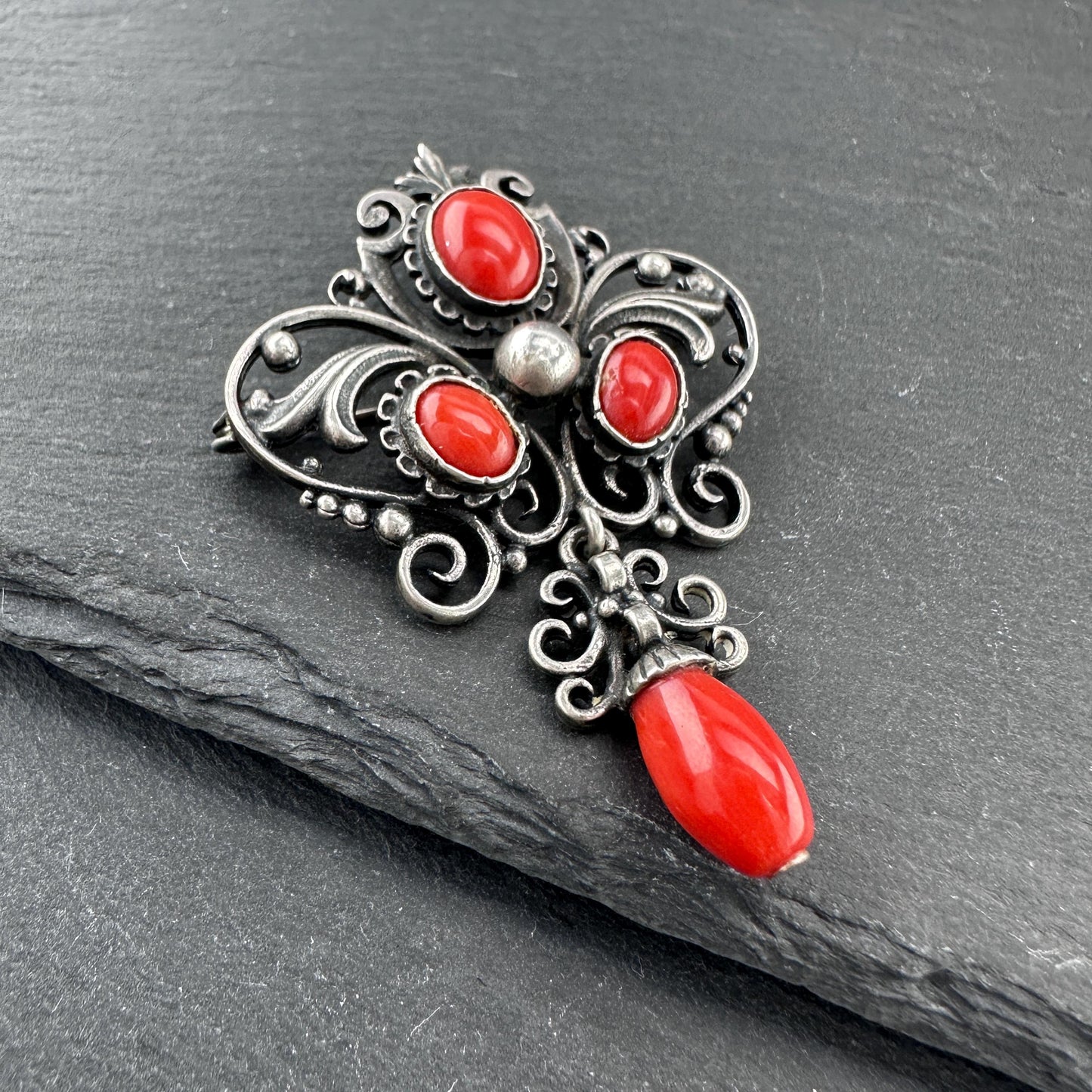 Late Victorian Red Coral Sterling Silver Brooch