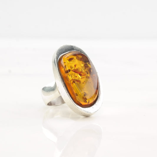 European Silver Ring Amber Oval Sterling Size 6 1/4