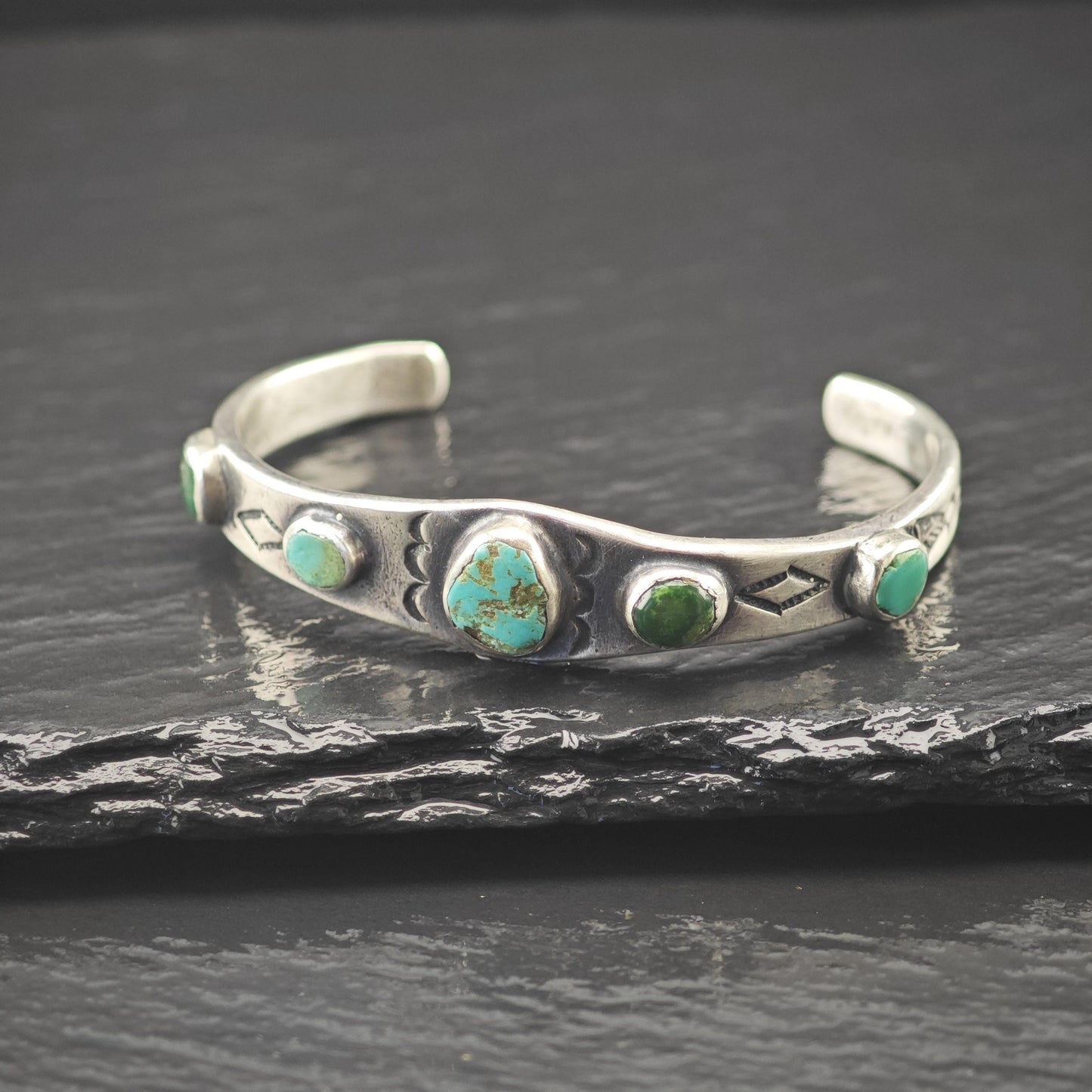 Early 1930's Ingot Silver Child Cuff Bracelet Native American Green Turquoise