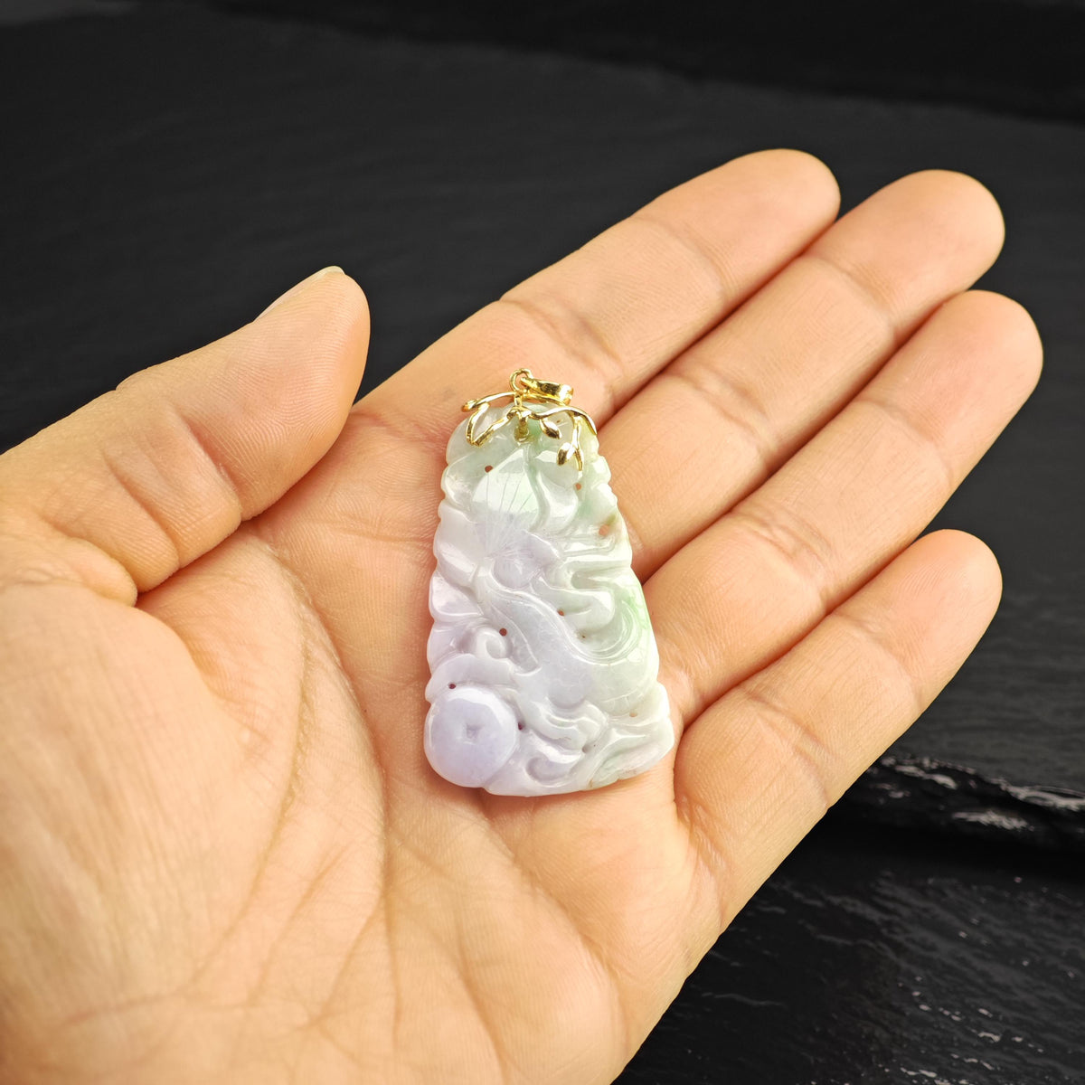 Carved Jadeite Jade 14K Yellow Gold Pendant P3102