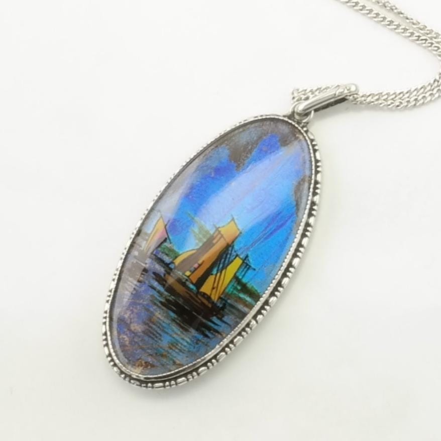 Vintage English Sterling Silver Blue, Iridescent Butterfly Wing Painted Boats Necklace