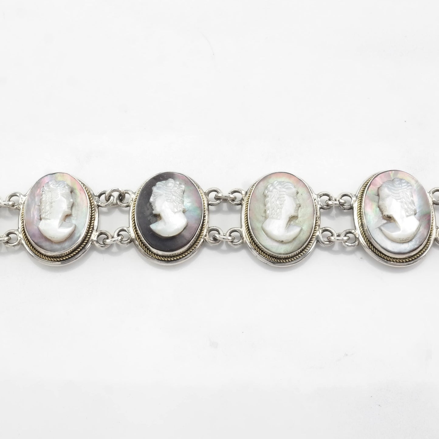 Vintage Cameo Bracelet 800 Sterling Silver Link Abalone Portrait