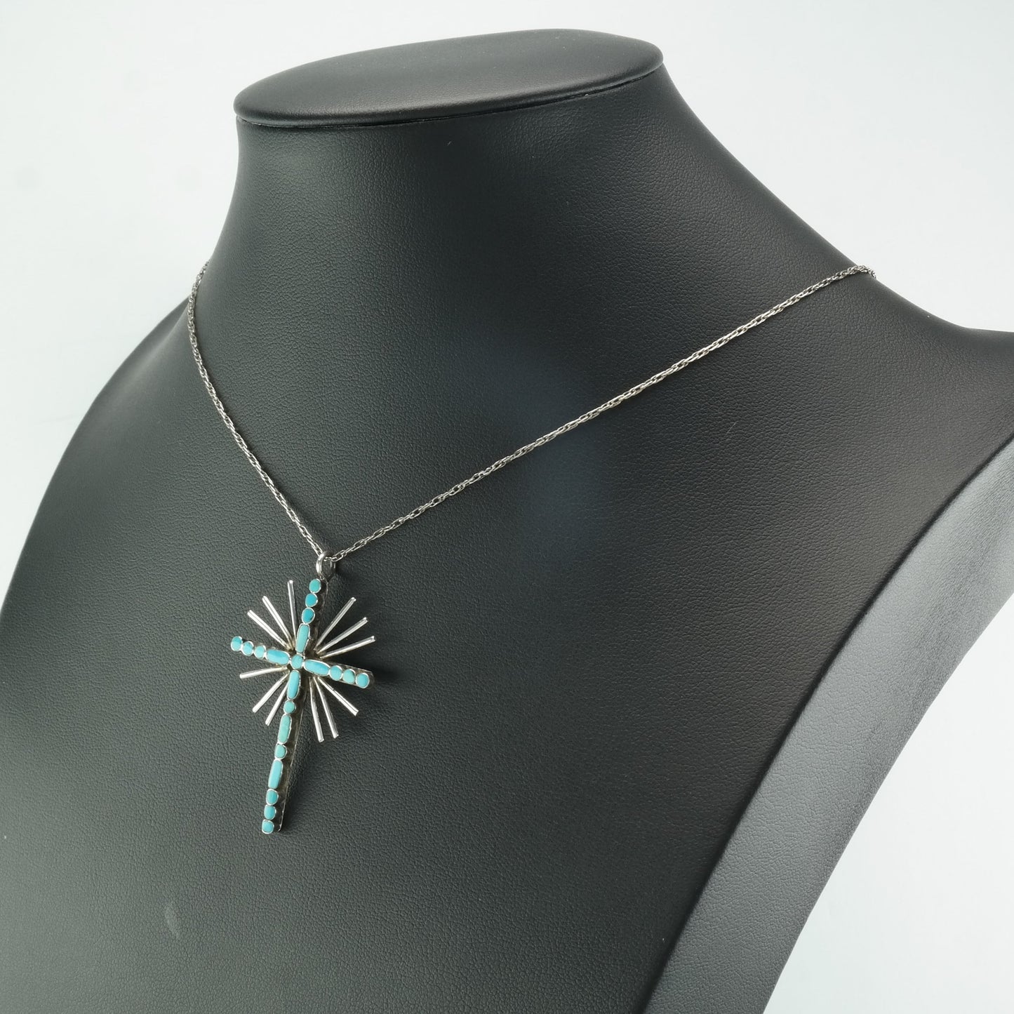 Vintage Southwest Sterling Silver Dishta Style Turquoise Cross Inlay Necklace