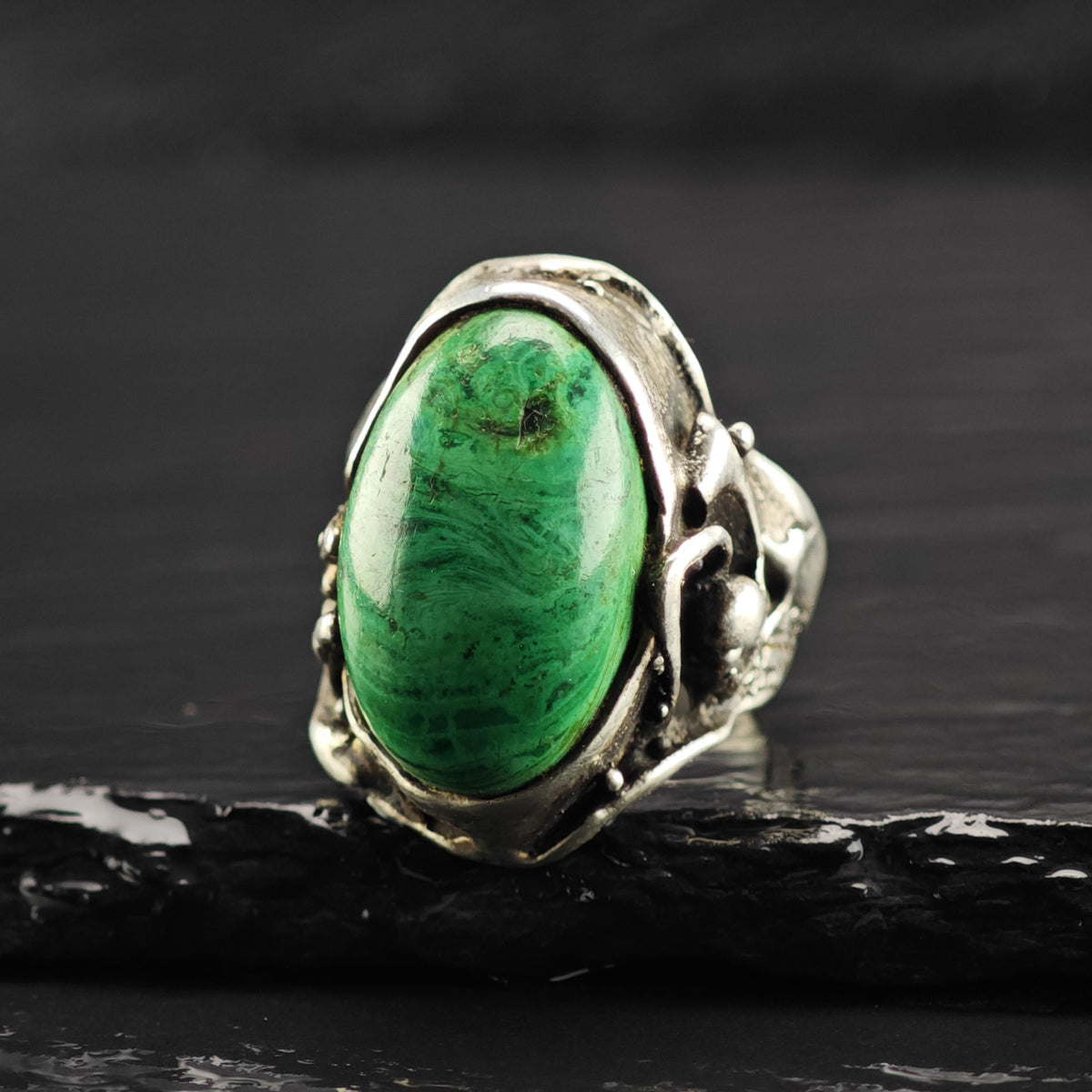 Brutalist Malachite Sterling Silver Ring Sz 7 R6878