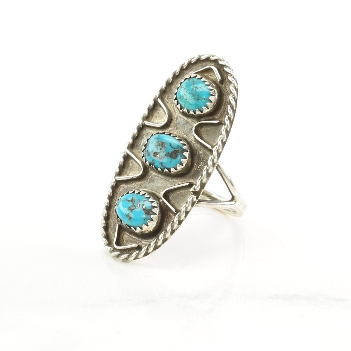 Native American Silver Ring Turquoise Three Stone, Shield Sterling Blue Size 8