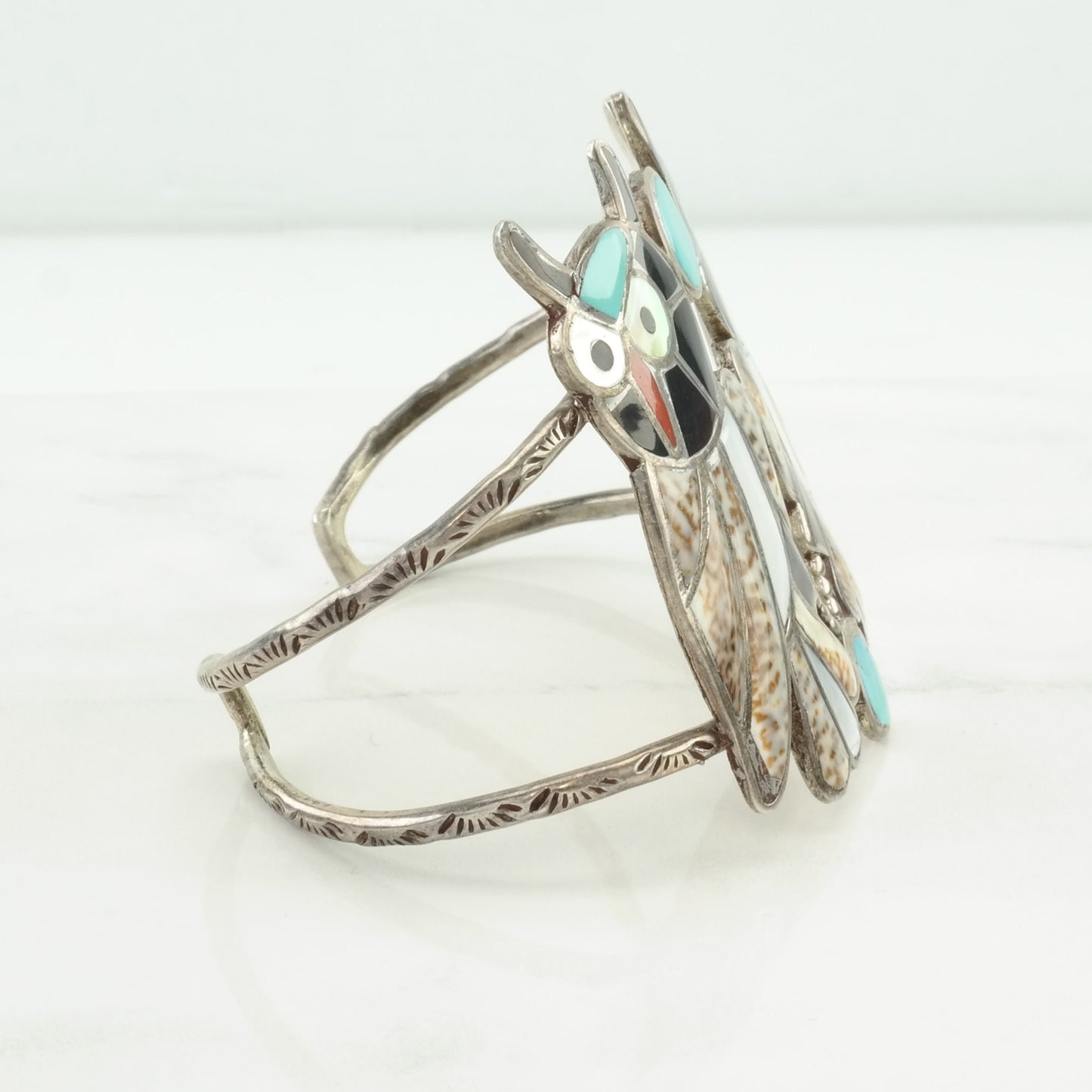 Vintage Zuni, Native American Sterling Silver Cuff Bracelet Multi Stone Inlay, Owls