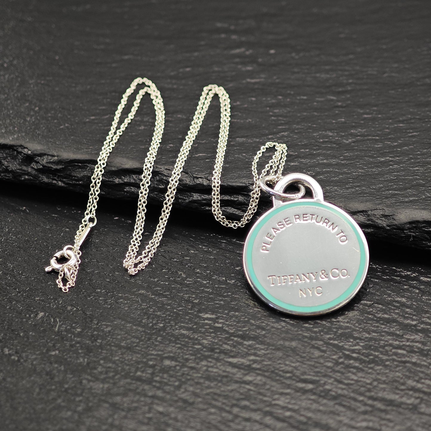 Vintage Tiffany Sterling Silver Teal Enamel Large Round Pendant Necklace N2569