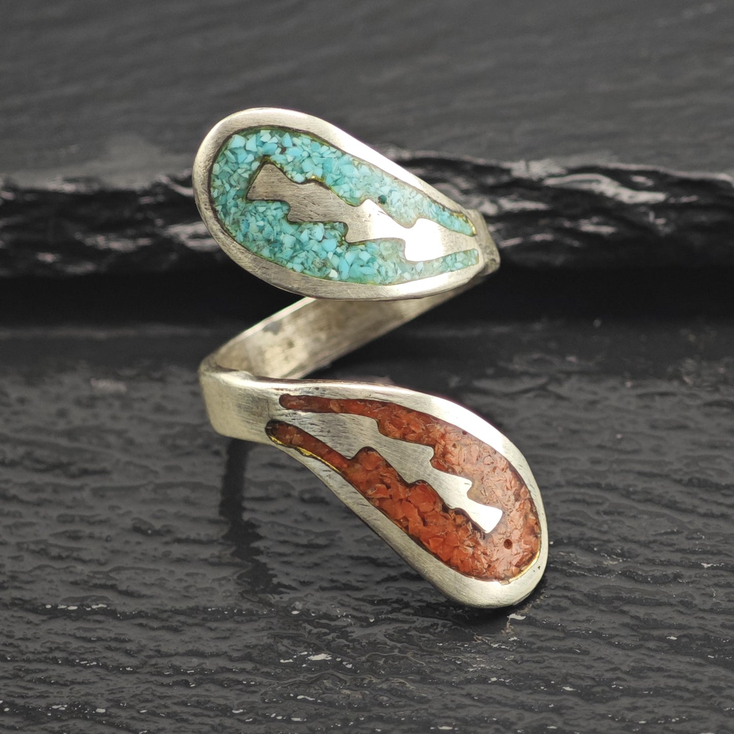 Native American Turquoise & Coral Inlay Bypass Sterling Silver Ring Sz 8 1/2 R6658