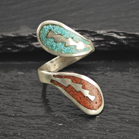 Native American Turquoise & Coral Inlay Bypass Sterling Silver Ring Sz 8 1/2 R6658