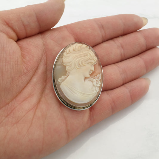 Vintage European Cameo Brooch Pendant Sterling Silver Women, Floral