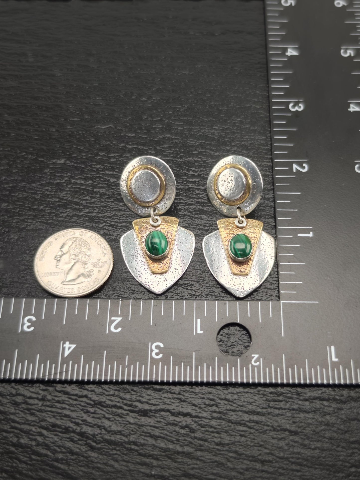 Modernist Green, Gold Malachite Brass Stud/Dangle Earrings Sterling Silver