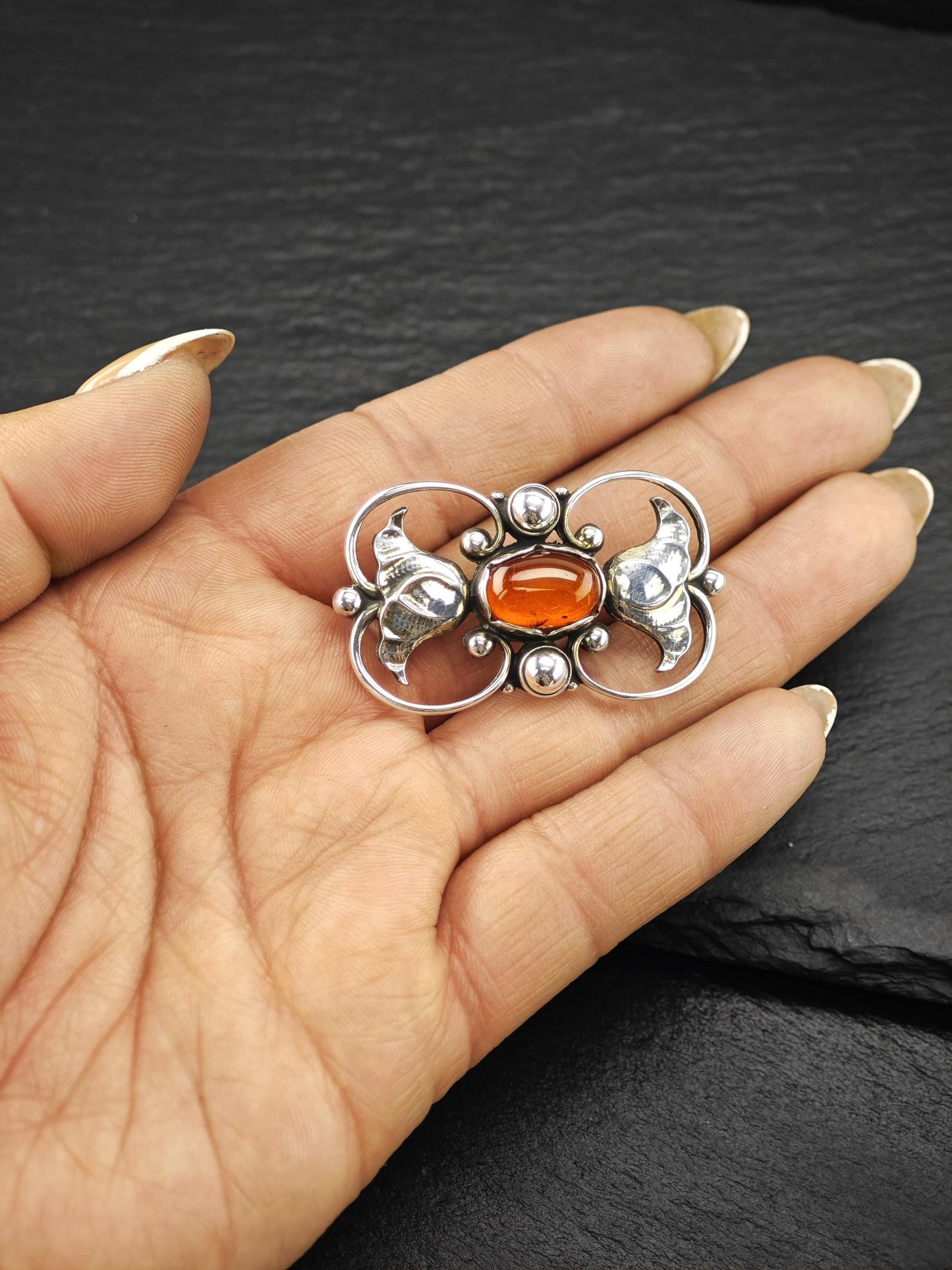 Antique, Georg Jensen 236A, Amber Brooch Sterling Silver