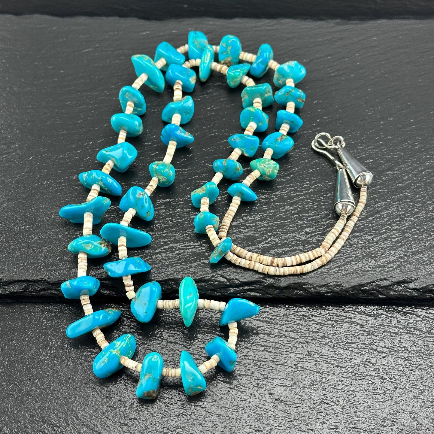 Sterling Silver Heishi Necklace with Blue Turquoise N2574