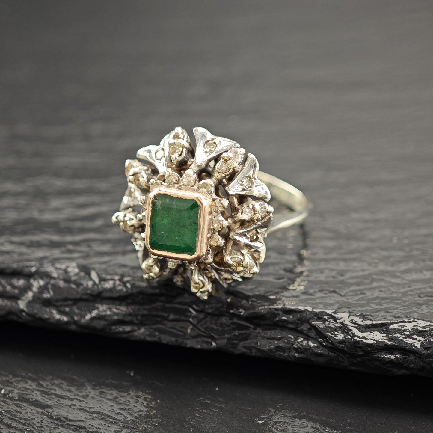 1ct Emerald Diamond Ring Sterling Silver Gold Bezel