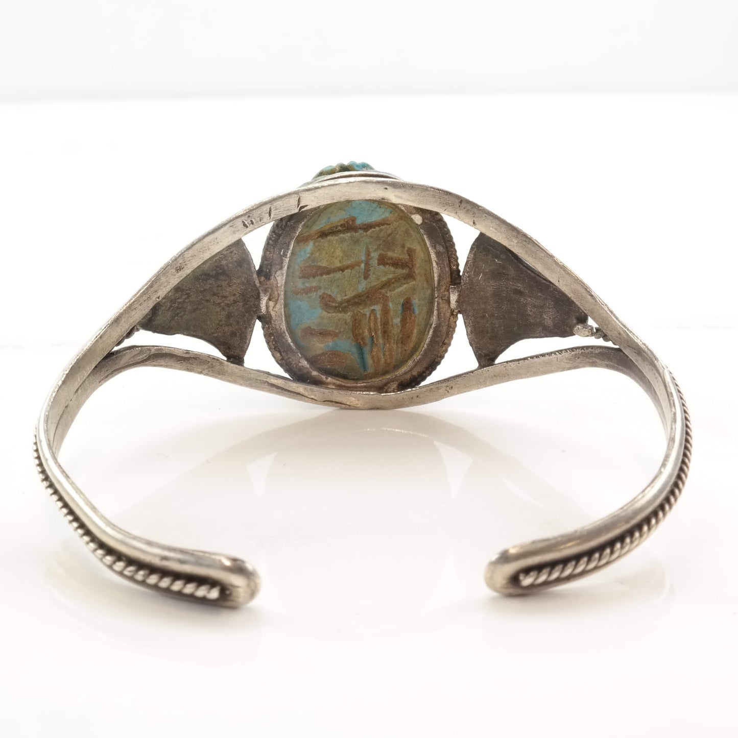 Archeological Revival Sterling Silver Cuff Bracelet Wood Scarab