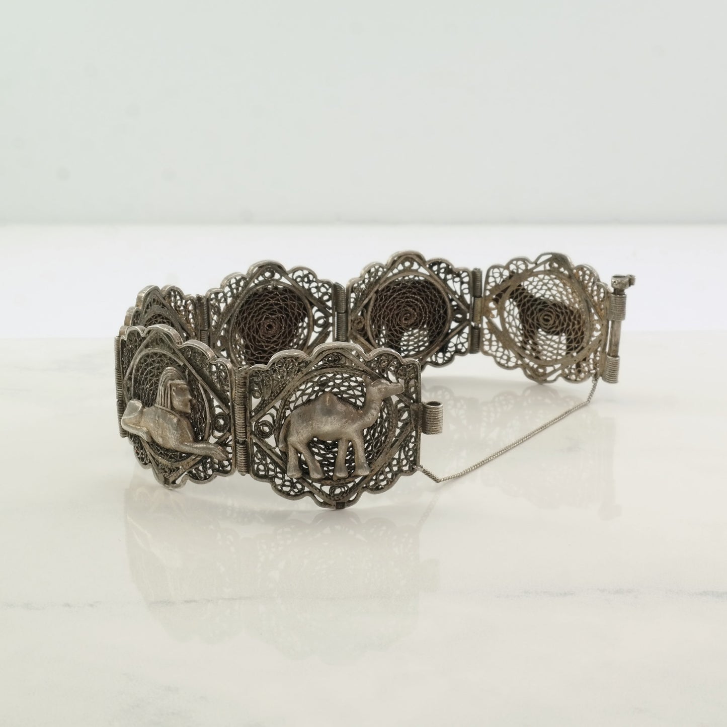 Archeological Revival Sterling Silver Link Filigree Bracelet