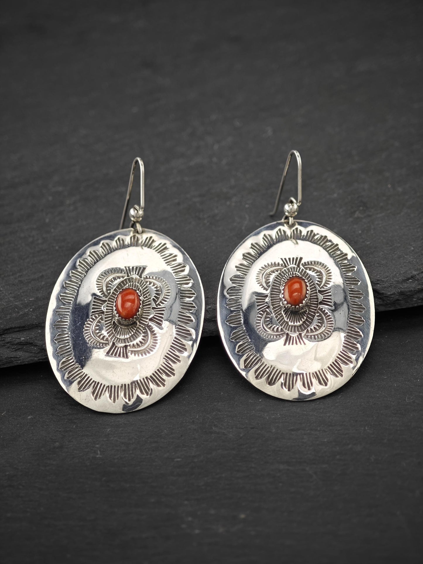 Native American, Stamped Fish Hook Earrings Sterling Silver