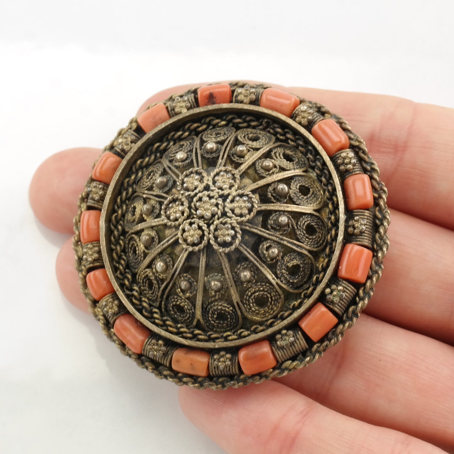 Israeli Sterling Silver Brooch Pendant Filigree Coral