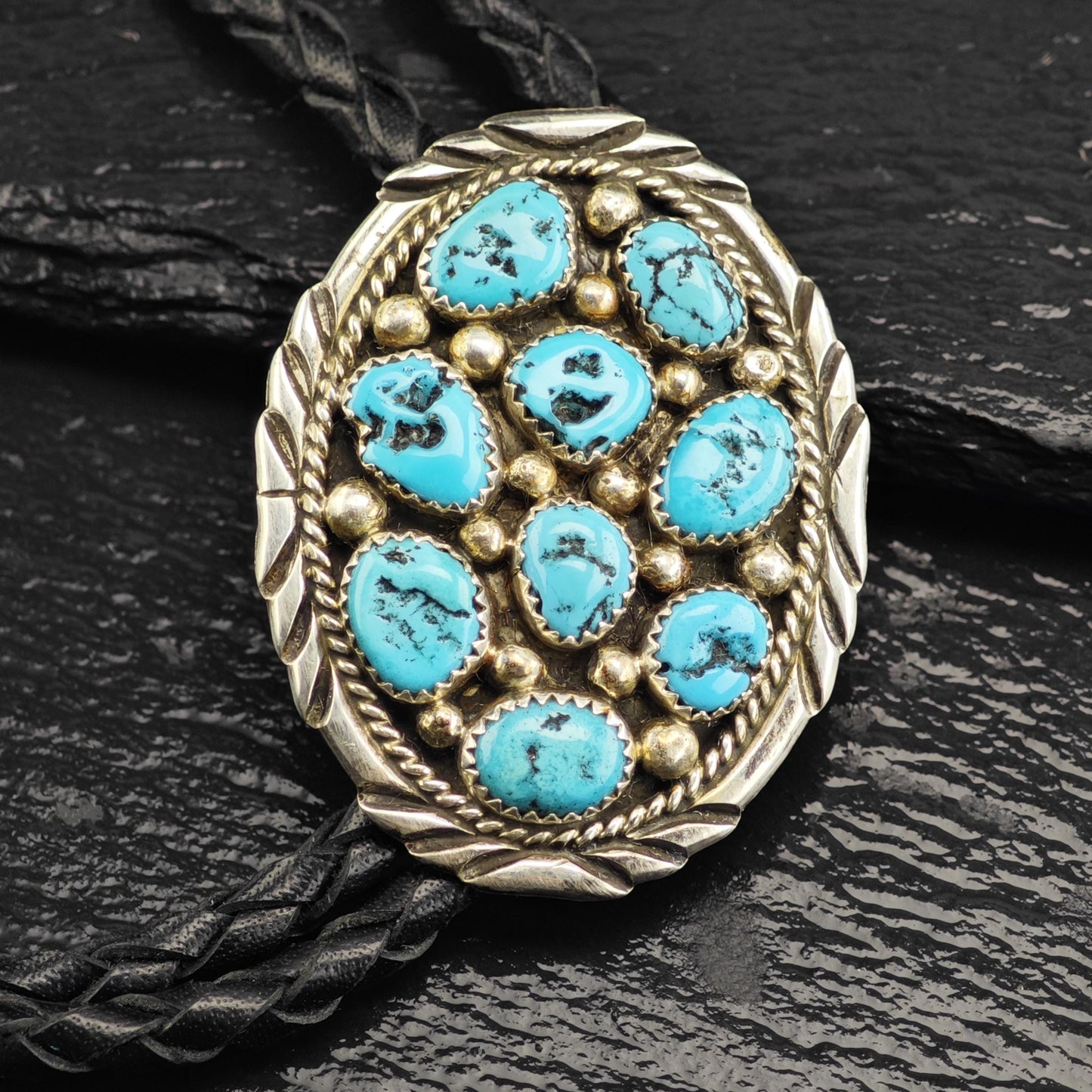 Vintage Native American Sterling Silver Sleeping Beauty Turquoise Cluster Bolo Tie Necklace N2746