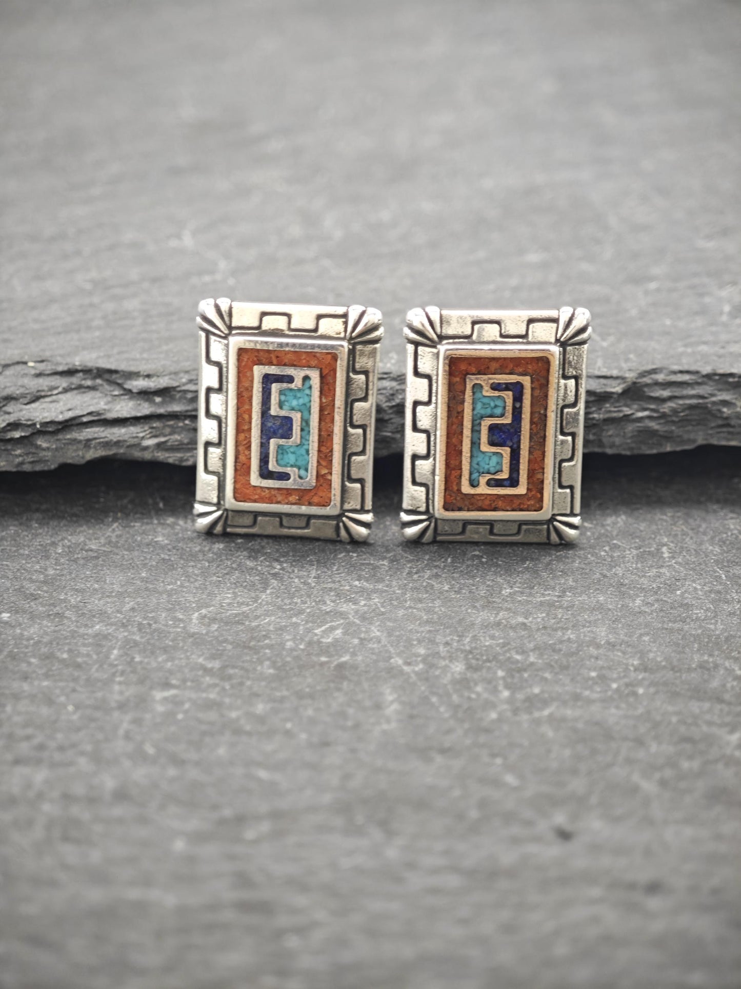 Vintage Carolyn Pollack, Inlay Sterling Silver Stud Earrings