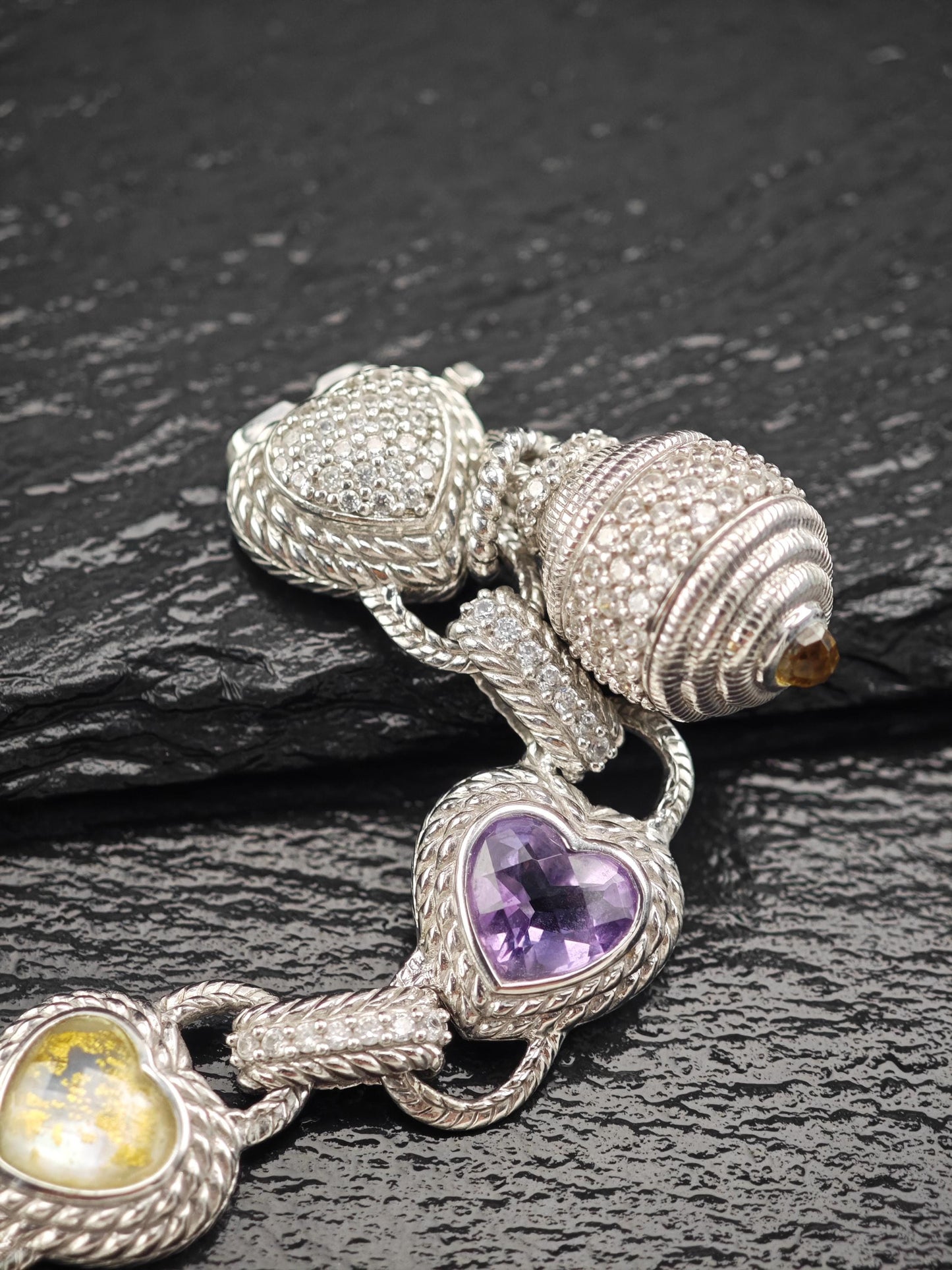Judith Ripka Amethyst Heart & Doublet Link Bracelet Sterling Silver