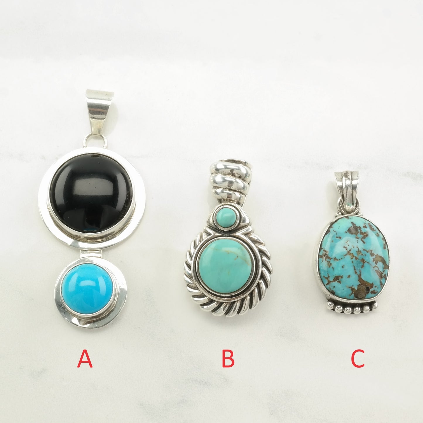 Choice Vintage Southwest Onyx, Turquoise Sterling Silver Pendant