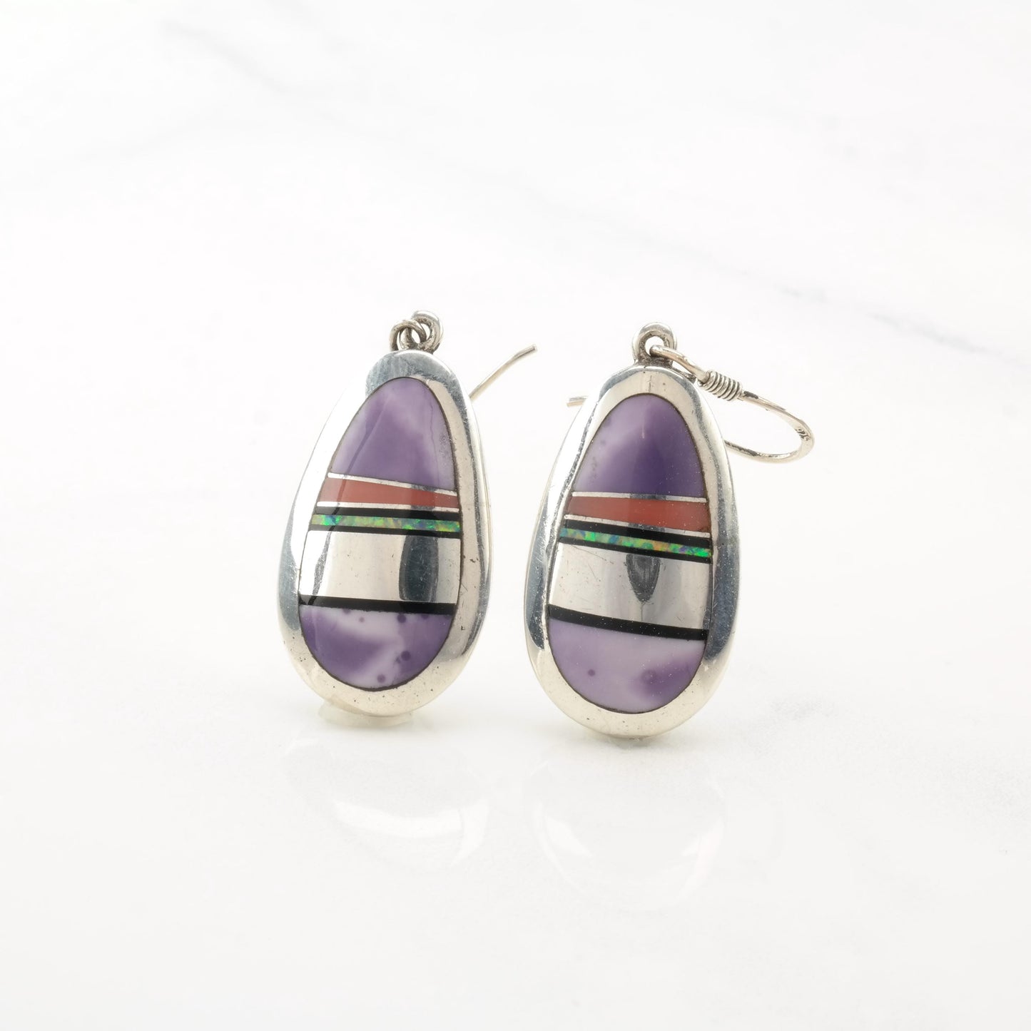 Native American Purple Inlay Fish Hook Earrings Sterling Silver