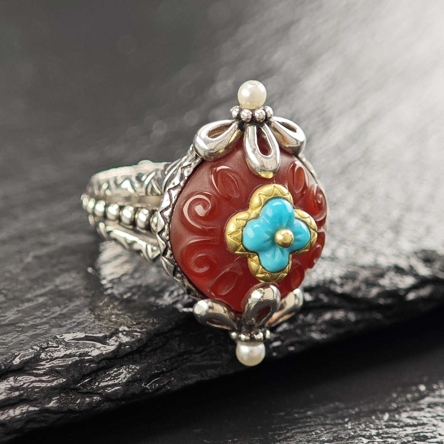 Bixby Turquoise Carnelian Ring 18K Gold Accents, Sterling Silver R5824