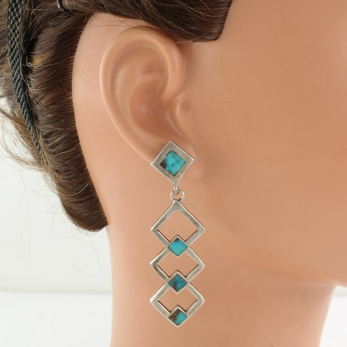 Historic Zuni Bisbee Turquoise Inlay Sterling Silver Stud Dangle Earrings