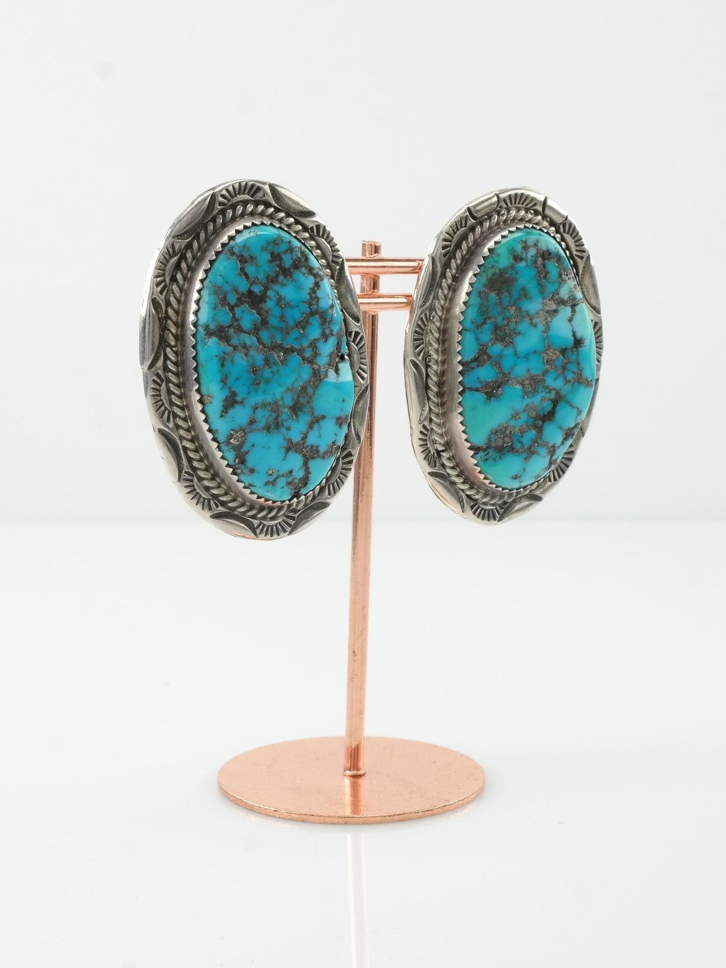 Vintage Sterling Silver & Kingman Turquoise Earrings | Native American | Large Oval Dangles | Southwestern Jewelry | Boho Chic | 1970s