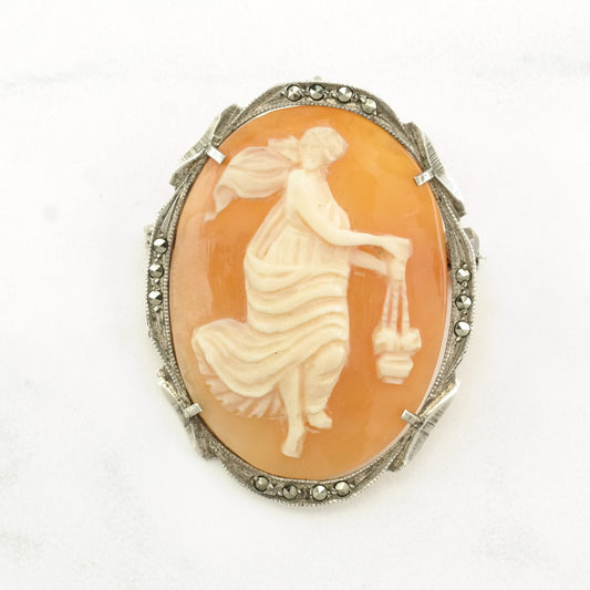 Art Nouveau Style Sterling Silver Brooch Pendant Marcasite Cameo, Carved Lady