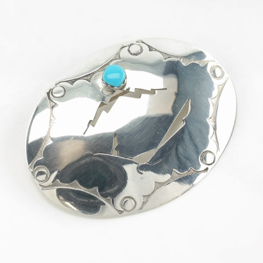 Native American Sterling Silver Turquoise Brooch Roadrunner, Lightning