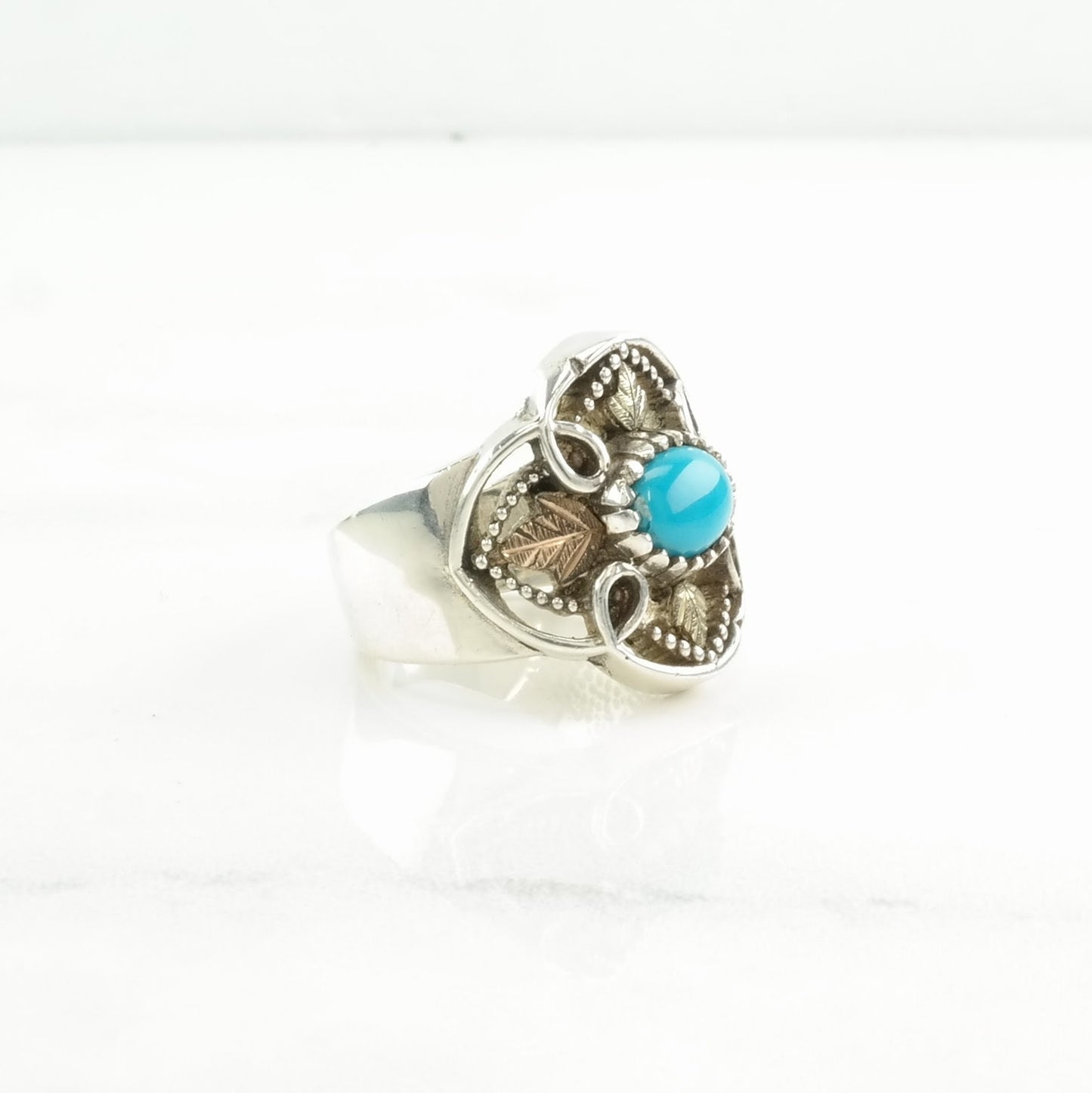 CCO Silver Ring Turquoise, 12K Gold Accents Leaf Sterling Blue Size 7 1/4