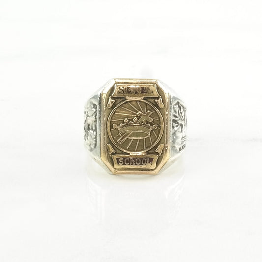 Vintage Almost Antique Silver Ring 1948, Gold Top St. L School, Cross, Crown Sterling Size 3 3/4