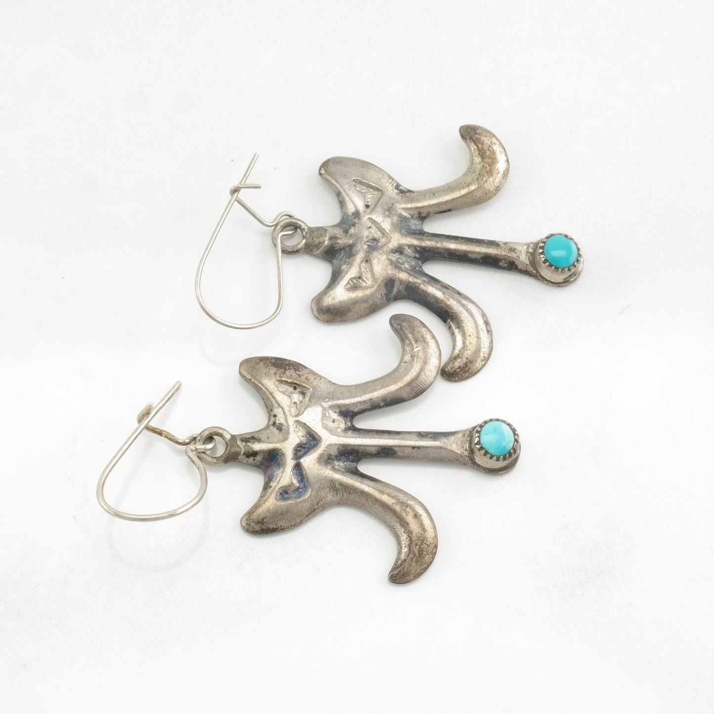 Native American Sterling Silver Turquoise Stamped, Sandcast, Earrings Fish Hook, Dangle