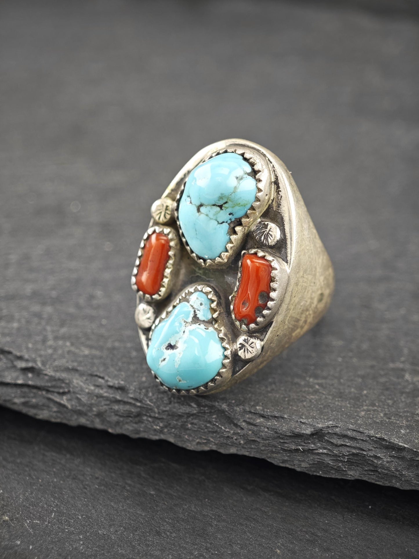 Native American, Coral, Turquoise Ring Sterling Silver