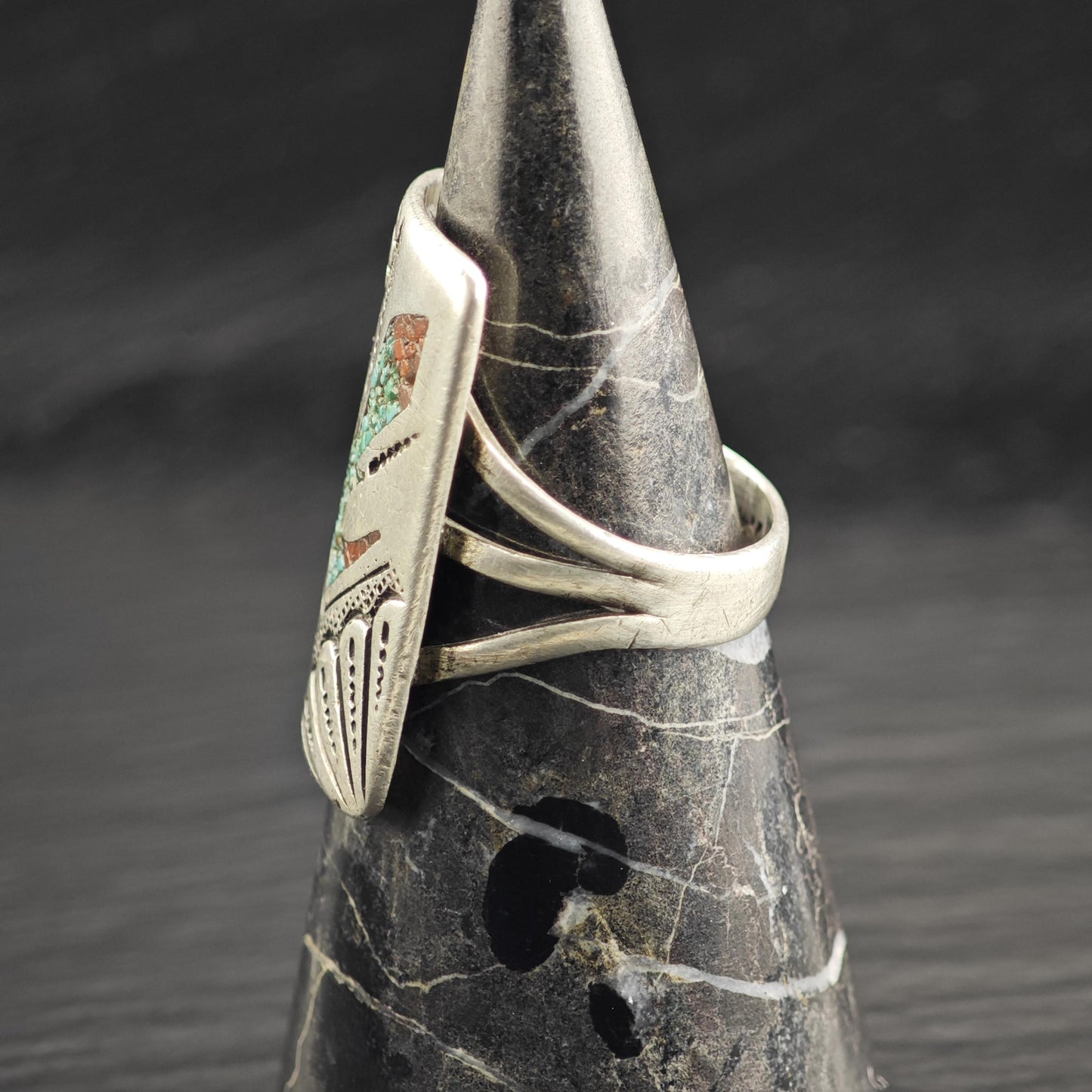 Leonard Haskie Inlay Thunderbird Ring Sterling Silver Sz 12 R6618