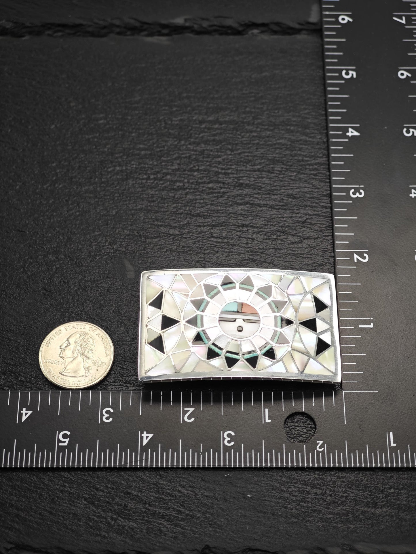 Zuni, Native American Sunface, Inlay Belt Buckle Sterling Silver