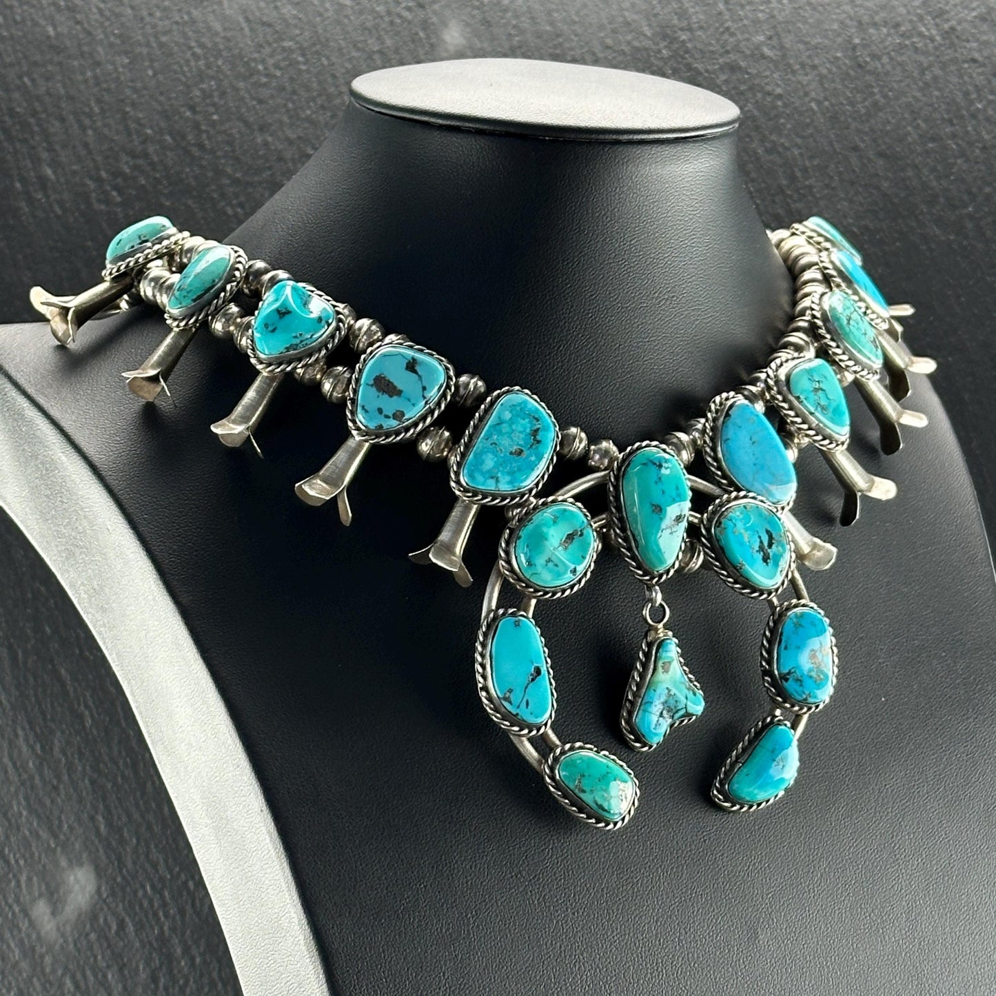 Native American Sleeping Beauty Turquoise Squash Blossom Necklace in Sterling Silver